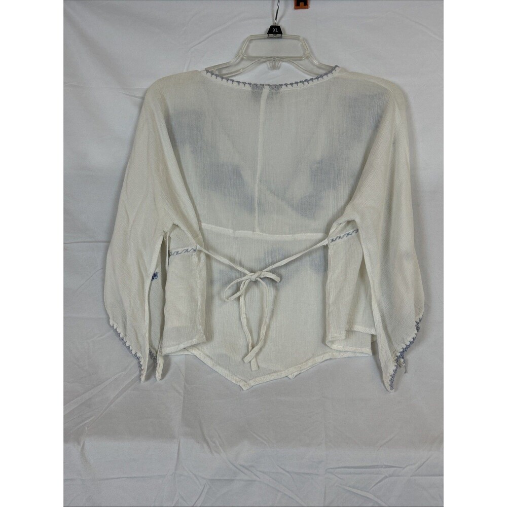 Passport Cream& Blue Tribal Ethnic Tunic TOP Sz L Passport Handkerchief Sleeves - Picture 11 of 13